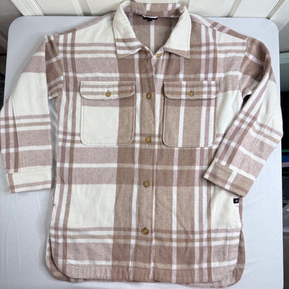 Banana Republic Tan Cream Plaid Oversized Flannel Shirt Jacket Shacket Mens M - Picture 6 of 11